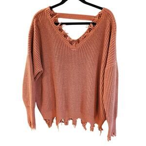 Rue 21 Sweater Tattered Frayed hem V-Neck Rust Color Size Medium M Boho Hippie